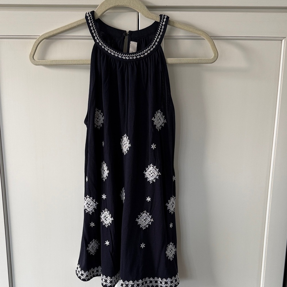 Loft dark blue Sleeveless Top with White Embroidery. Size small